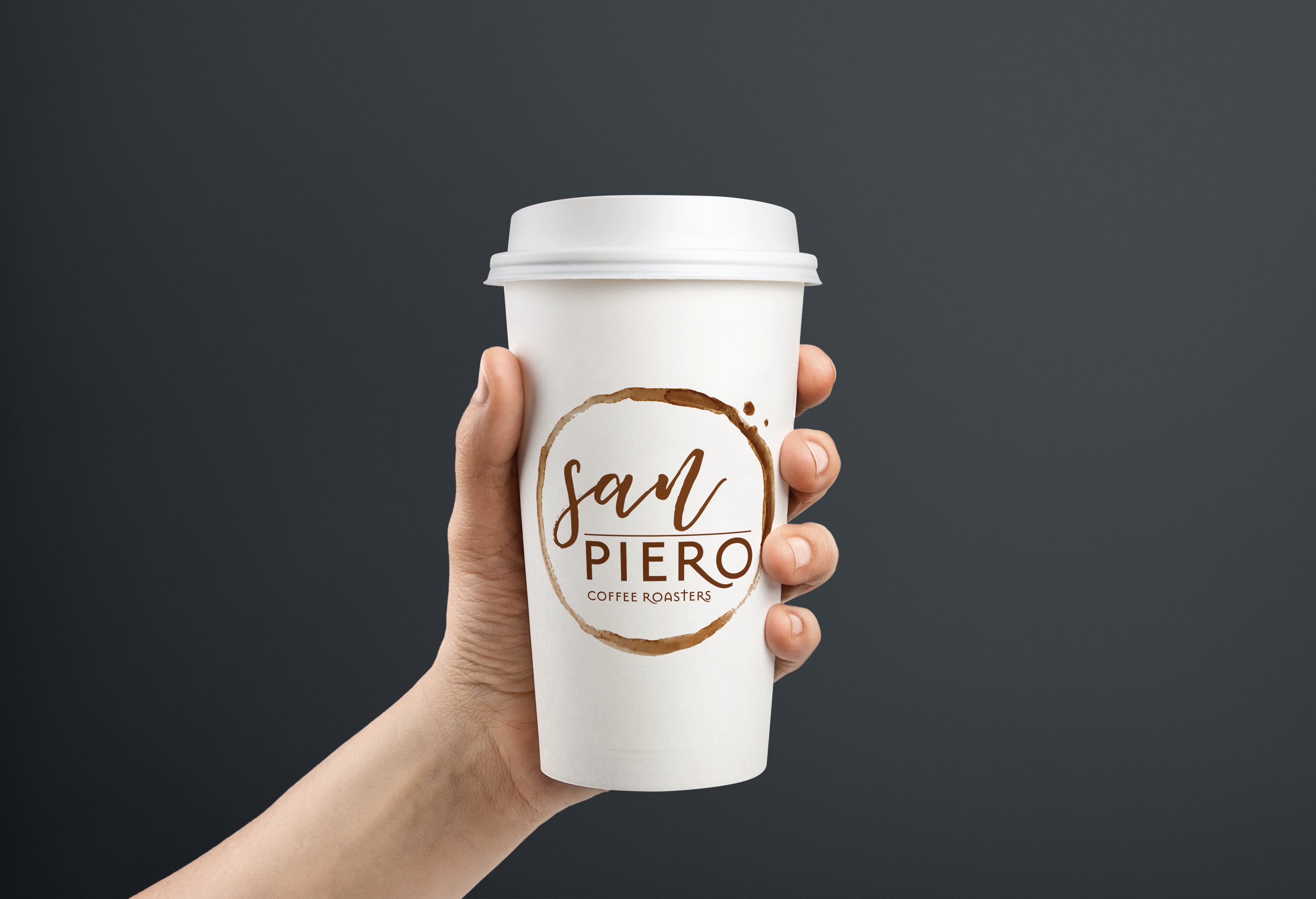 San Piero Coffee Roasters logo on takeaway cup